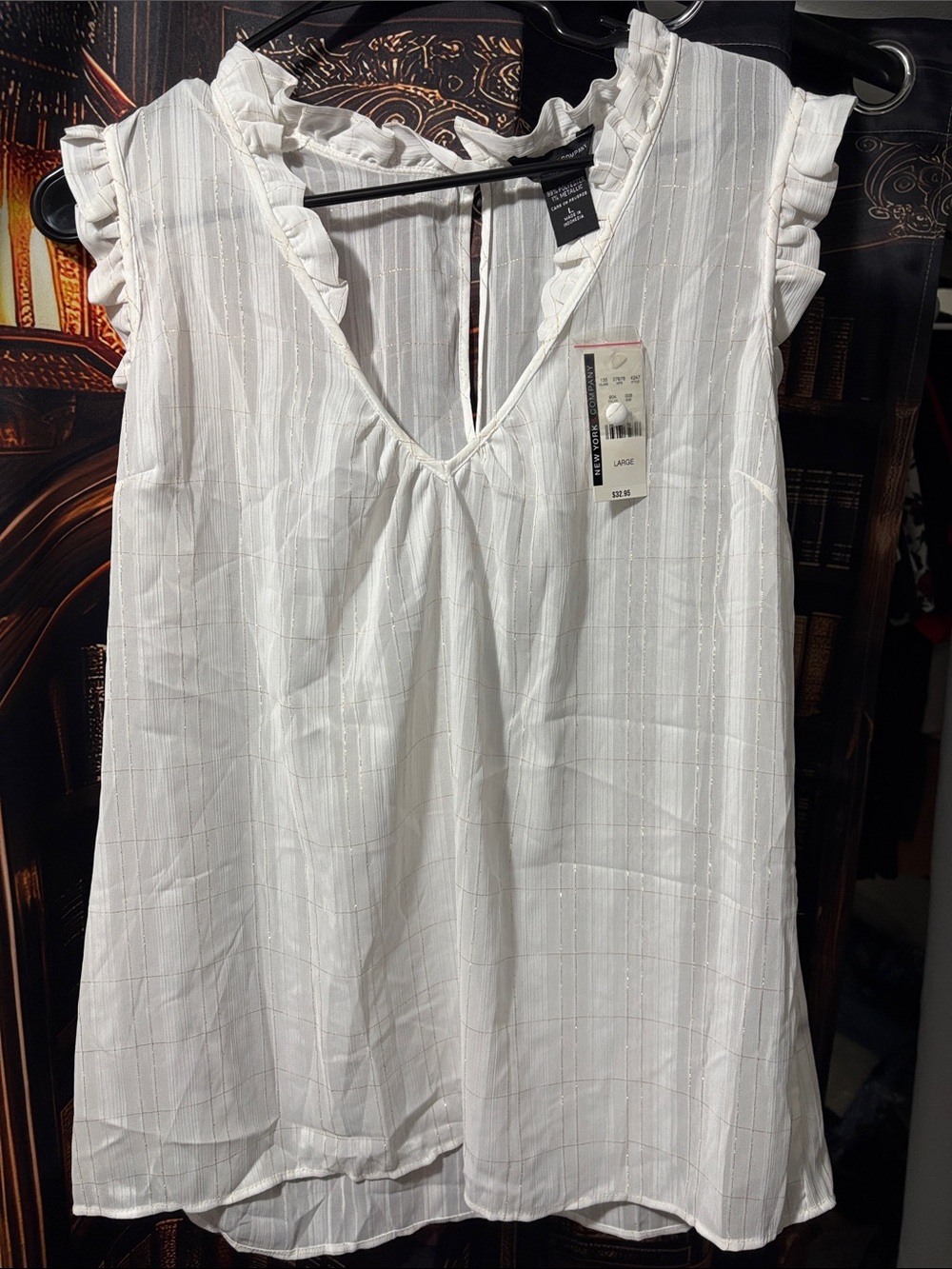 New York & Company White Ruffle-Trim V-Neck Chemise with Subtle Stripe